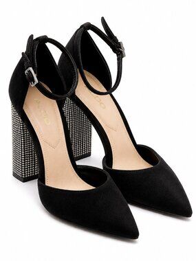 ALDO Black Rhinestone Block Heel Pumps ✨ Ankle Strap Glam Heels